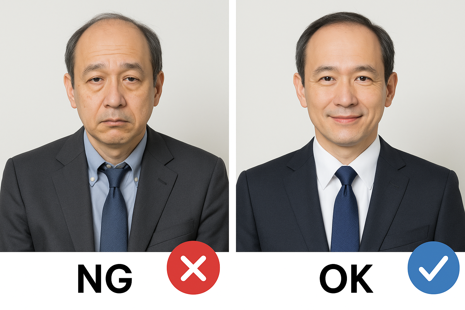 男性の履歴書写真：NG／OK比較